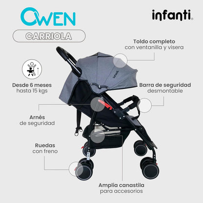 INFANTI | Carriola para Bebe OWEN | Carreola con Portabebé - Con Barra de Seguridad Desmontable | Desde 6 Meses hasta 15 kg | Color Rosa