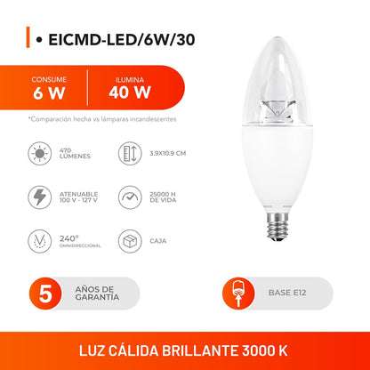 Tecnolite Foco Tipo Vela LED, color Blanco Cálido Tecnolite EICMD-LED/6W/30