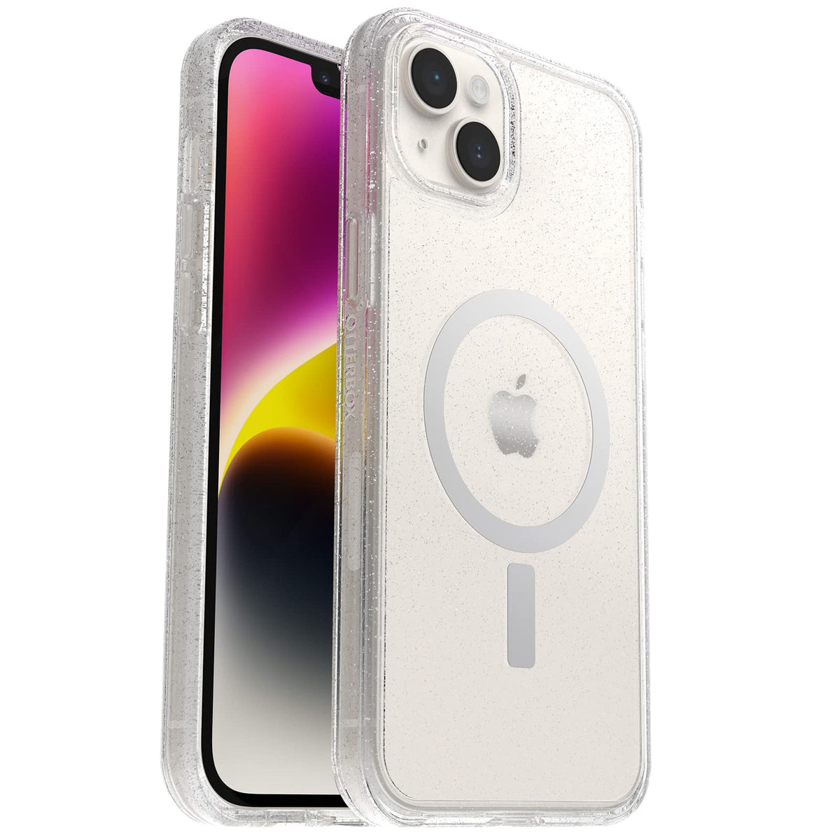 OtterBox Symmetry+ Antimicrobiana Funda para iPhone 14 Plus - Transparente con purpurina - Serie Symmetry+
