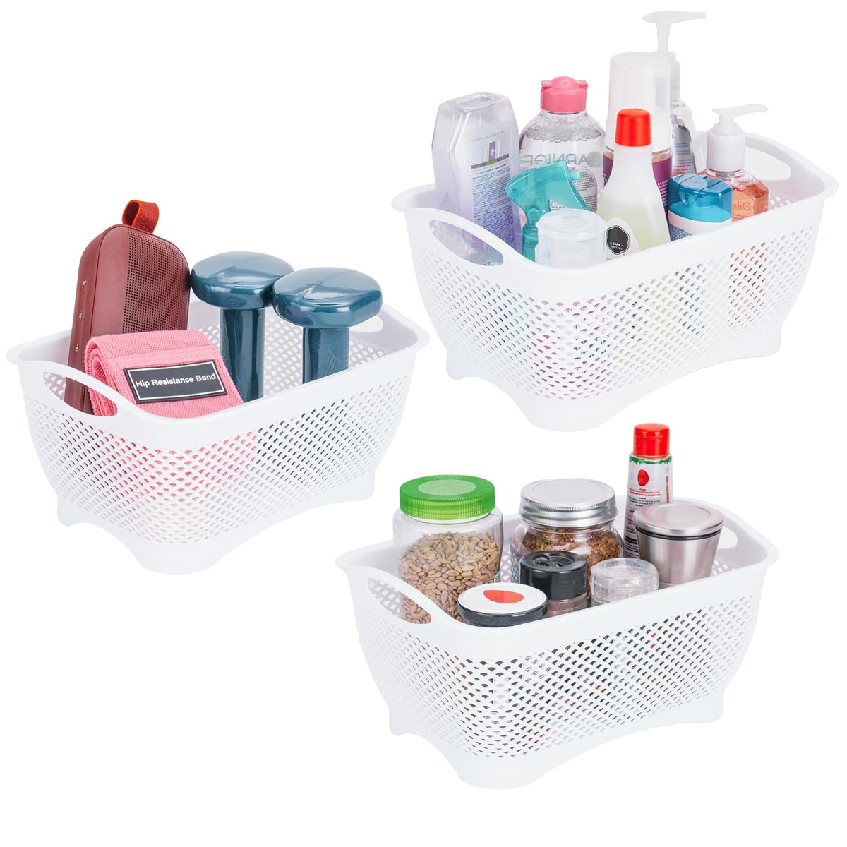 JOY Canastas Organizadoras de Plástico Set de 3 Cestos de Almacenamiento y Decoración Blancos. Ideal para Artículos de Baño, Lavandería, Despensa, Cocina y el Hogar, es Multiusos y Fácil de Limpiar