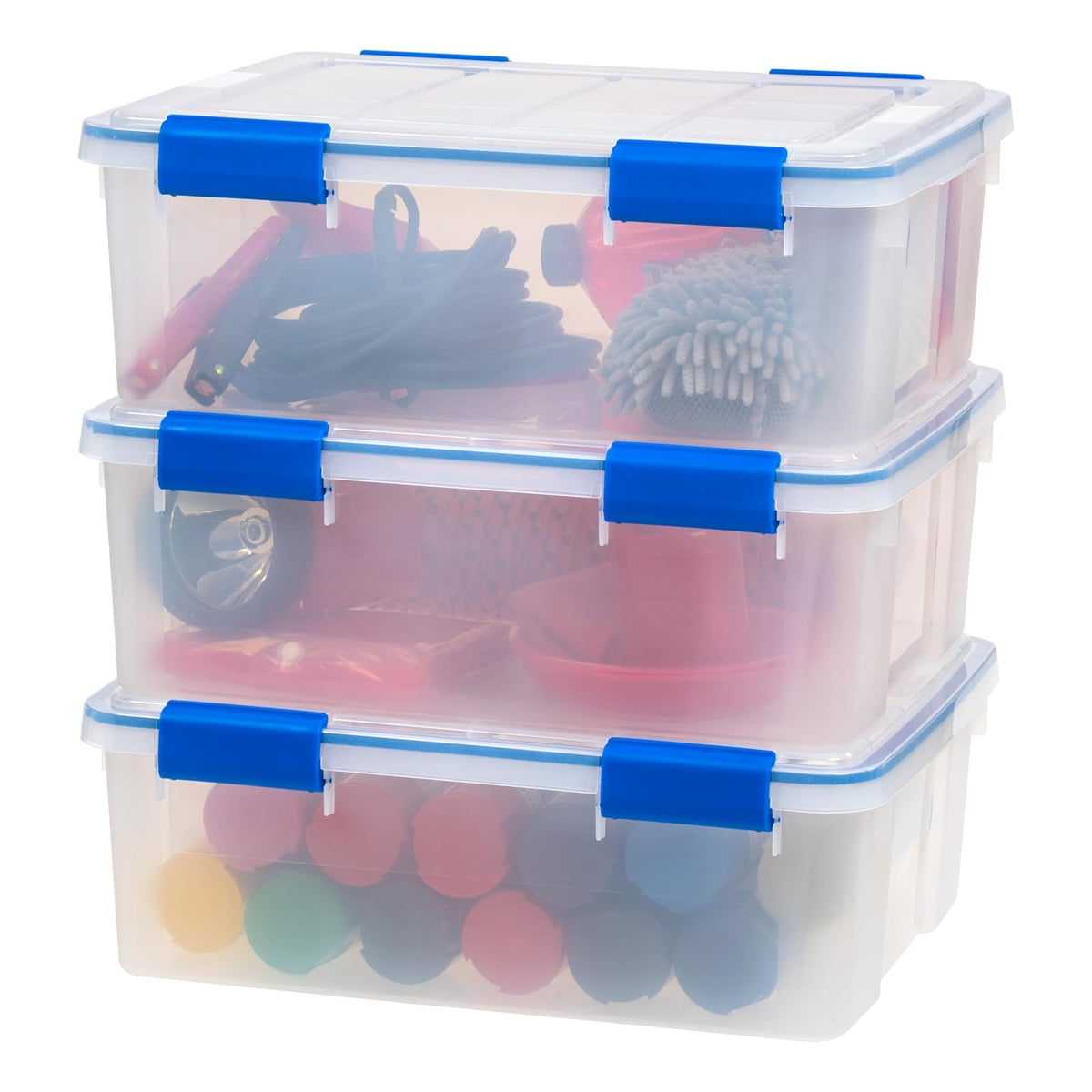IRIS USA 3 Contenedores de 26.5 Qt con Tapa Hermética, Claro/Azul | El sello WeatherPro protege artículos de uso diario en clósets, oficinas y áreas de lavandería. - 25.1 L - 25.1 L - 3 Pack