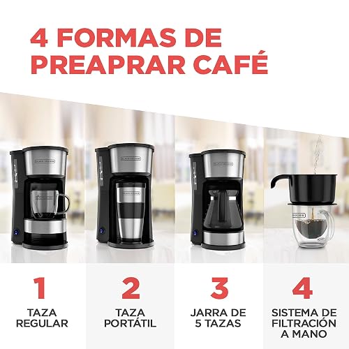 Black+Decker Cafetera 5 Tazas con Jarra de Vidiro y Vaso Personal, CM0755S | Termo de acero inoxidable, filtro permanente y cesta removible, compatible con goteador para café filtrado a mano