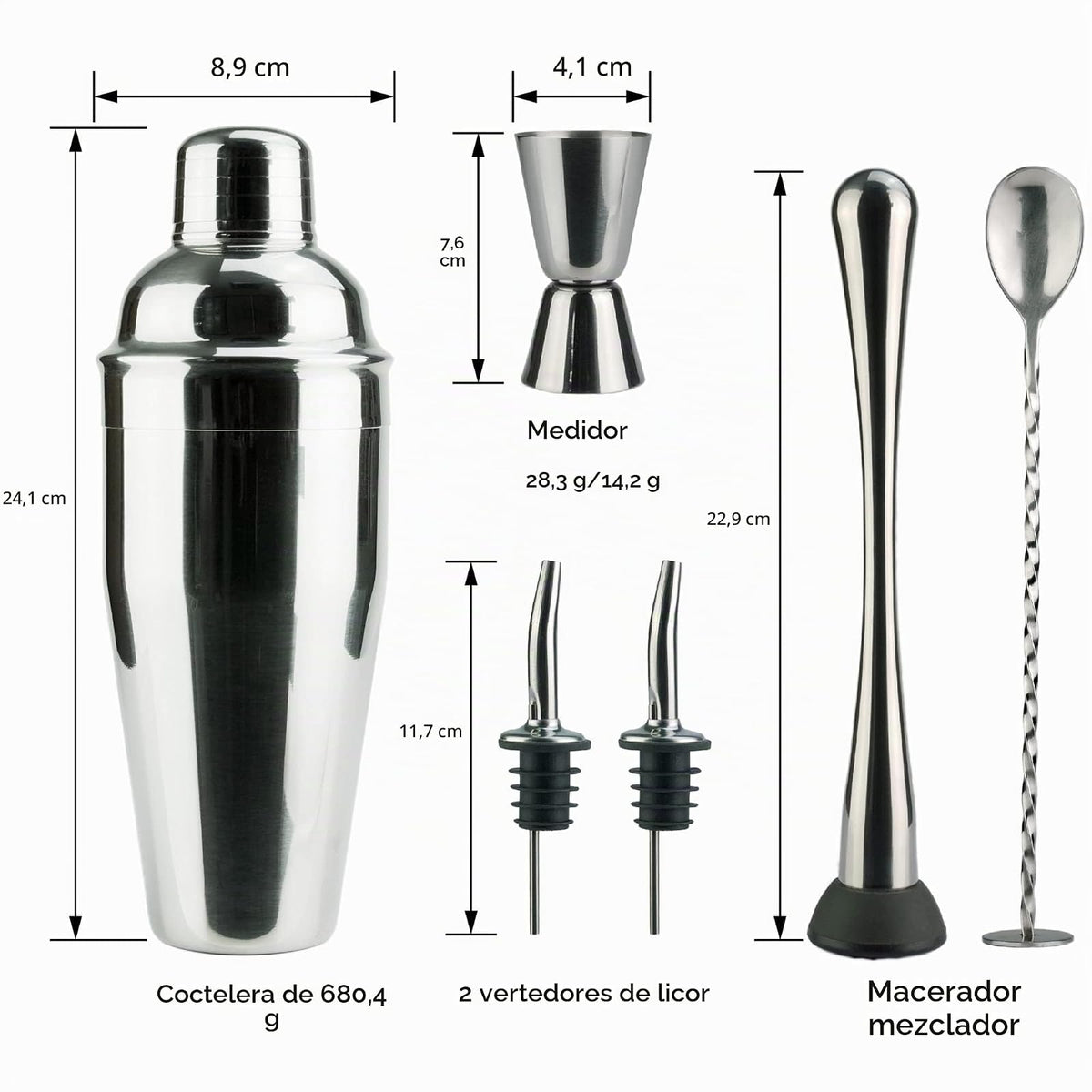 Arora - Juego de 6 Piezas - Acero Inoxidable - Herramientas Profesionales de Bar para Mezclar Bebidas, hogar, Bar, Fiesta, Plata, 24 onzas (85111)