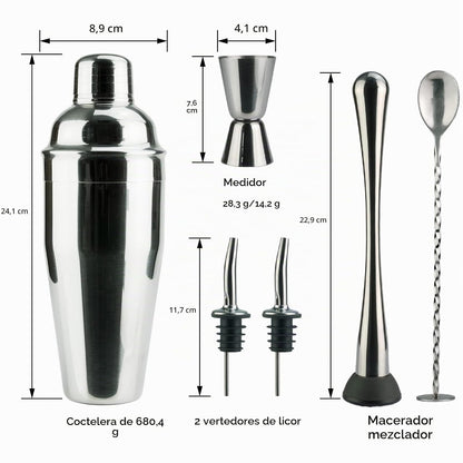 Arora - Juego de 6 Piezas - Acero Inoxidable - Herramientas Profesionales de Bar para Mezclar Bebidas, hogar, Bar, Fiesta, Plata, 24 onzas (85111)