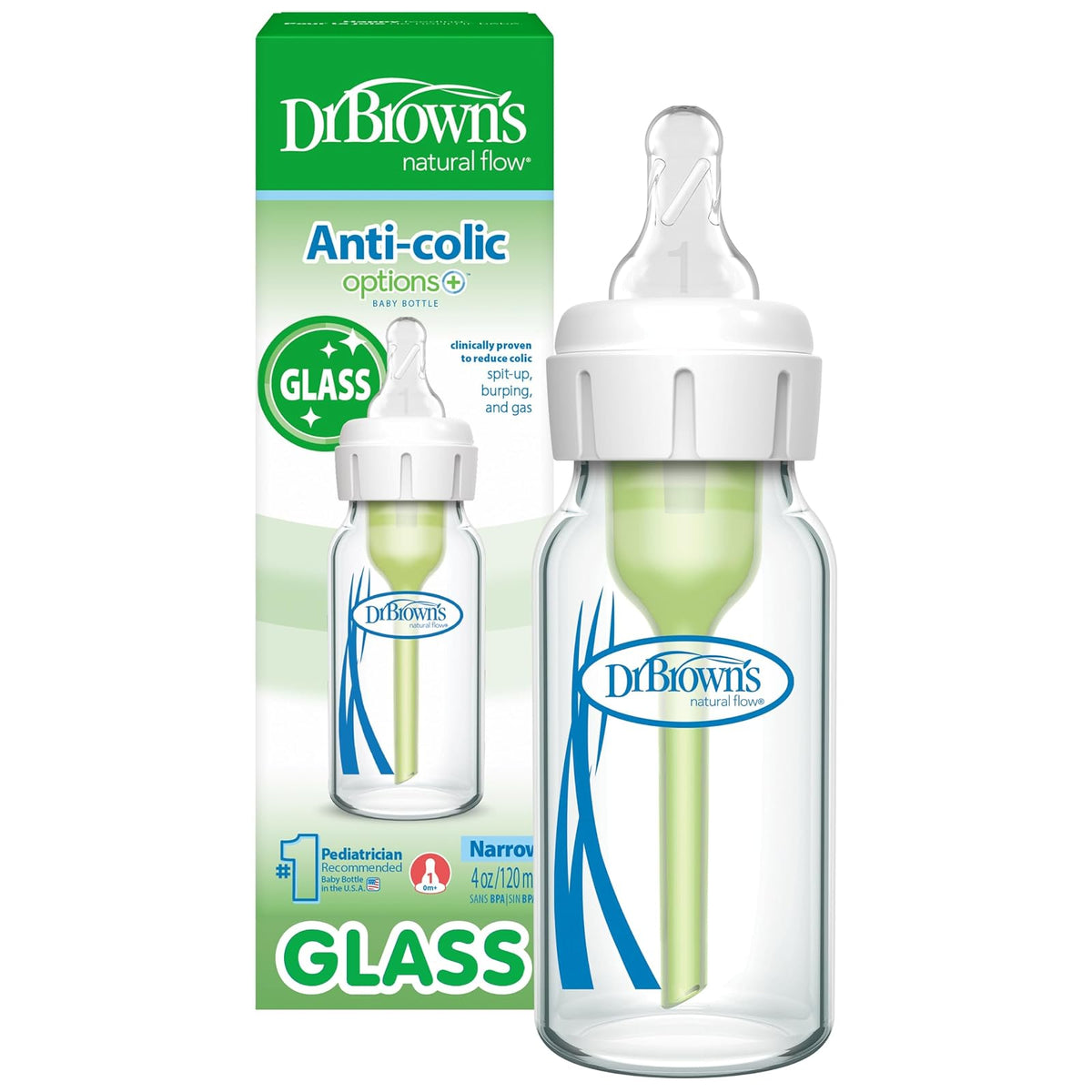 Dr. Brown's Natural Flow Options Plus Narrow Glass Baby Bottle, 4 Ounce