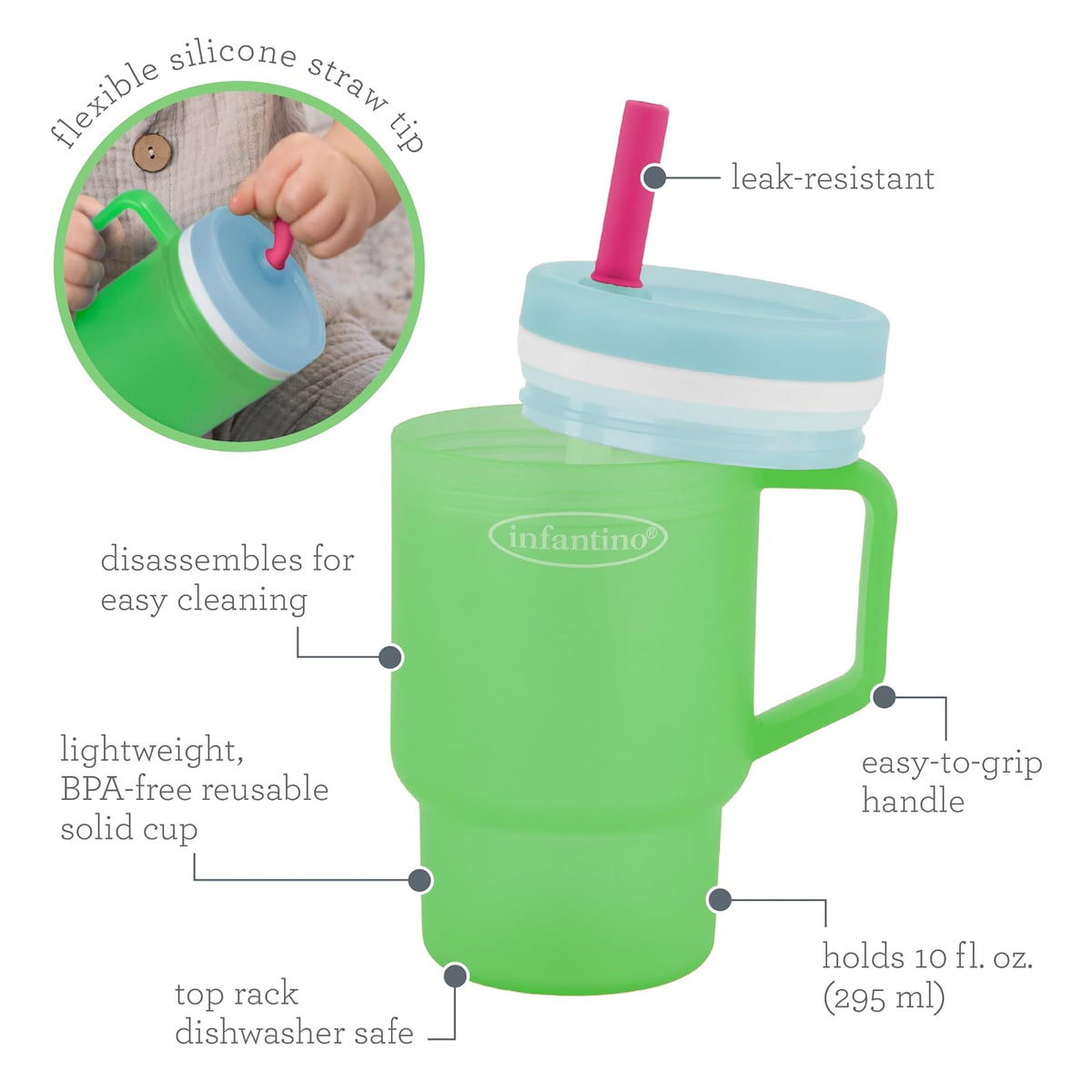 Infantino My 1st Vaso de plástico duradero con popote y mango de silicona resistente a fugas, para llevar o sin BPA, para taza de transición sin BPA, manzana verde | Bebe, transporta, repite. Vaso de plástico duro fácil de sostener. Popote resistente a fu