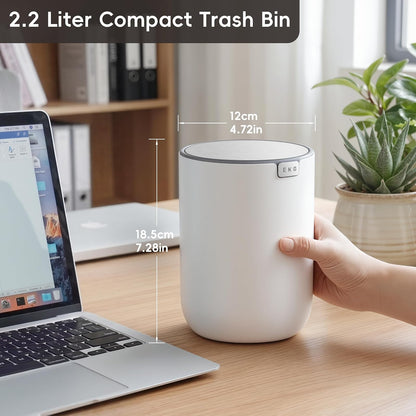 EKO Fandy - Mini cubeta de basura con tapa de 0.58 gal/2.2 litros, basurero de computadora para baño, encimera, cambiador, computadora u oficina, pequeño cubeta de basura (blanco)