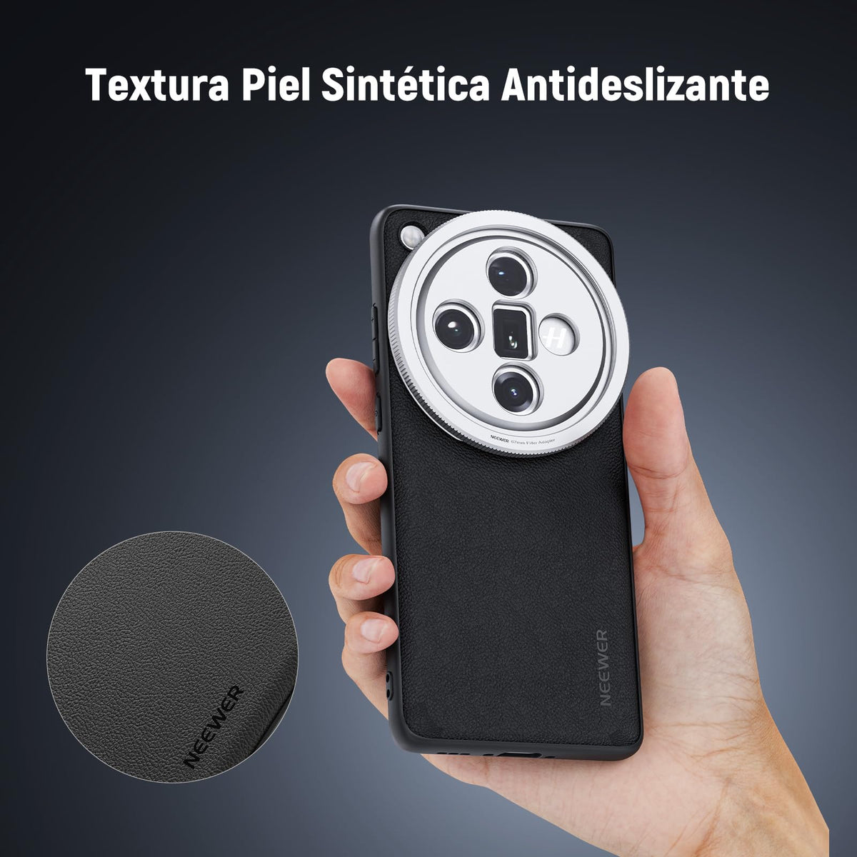 NEEWER X200 Pro Funda,Protectora Phone Case Compatible con Vivo X200 Pro, Resistente TPU + PC Faux Cuero con 17mm Lens Mounts & 67mm Adaptador Filtro para Carga Inalámbrica, PA114 Negro+Plateado