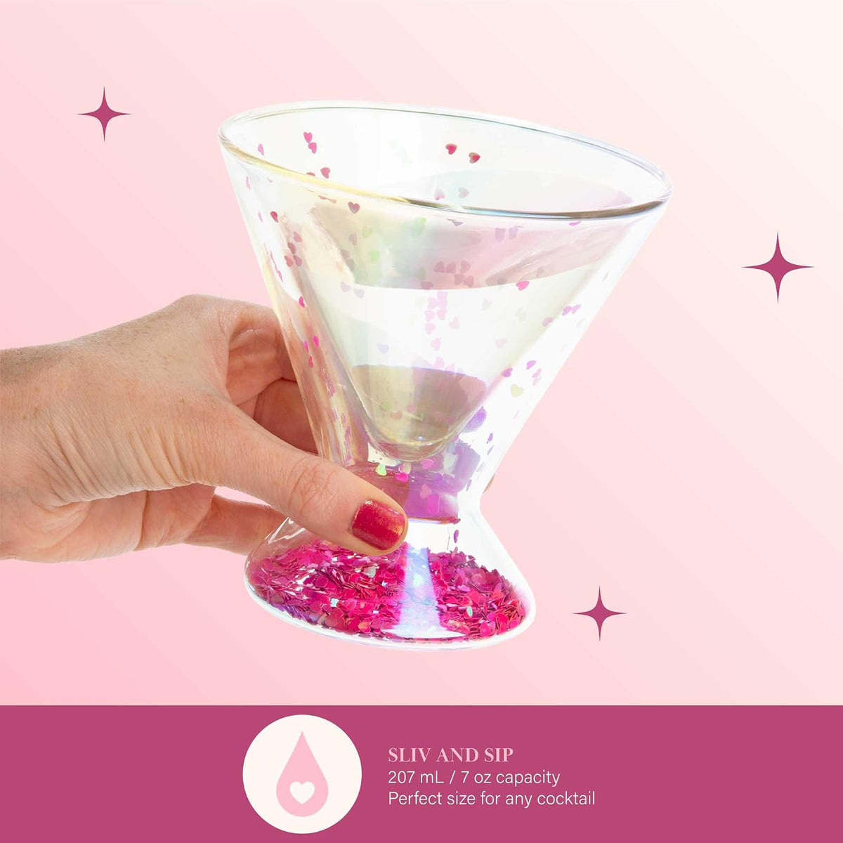 Paris Hilton - Juego de 2 piezas, diseño de vidrio de doble pared, para martinis, cócteles, cosmopolitanos, margaritas, 207 ml, 7 onzas, iridiscente con corazones de purpurina