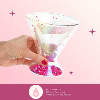 Paris Hilton - Juego de 2 piezas, diseño de vidrio de doble pared, para martinis, cócteles, cosmopolitanos, margaritas, 207 ml, 7 onzas, iridiscente con corazones de purpurina