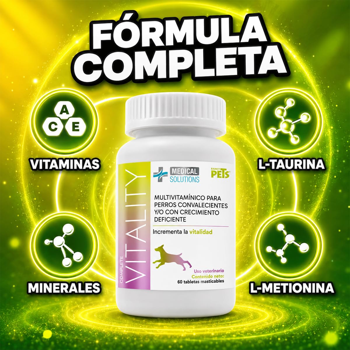 Fancy Pets Medical Solutions Complete Vitality Suplemento Alimenticio para Perros con Vitaminas Minerales L Taurina y L Metionina 60 Tabletas Masticables