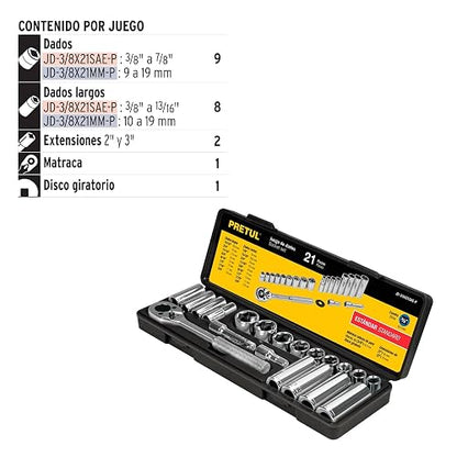 Pretul JD-3/8X21SAE-P, Juego de autoclé de 21 piezas, std, 3/8"