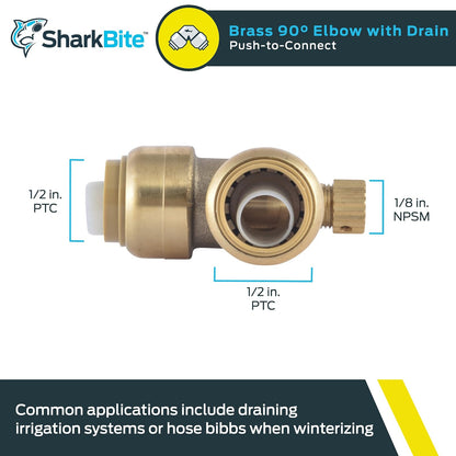 SharkBite Codo de 90 grados de 1/2 pulgada con ventilación de drenaje, accesorio de fontanería de latón a presión para conectar, tubería PEX, cobre, CPVC, PE-RT, HDPE, U5248LFA