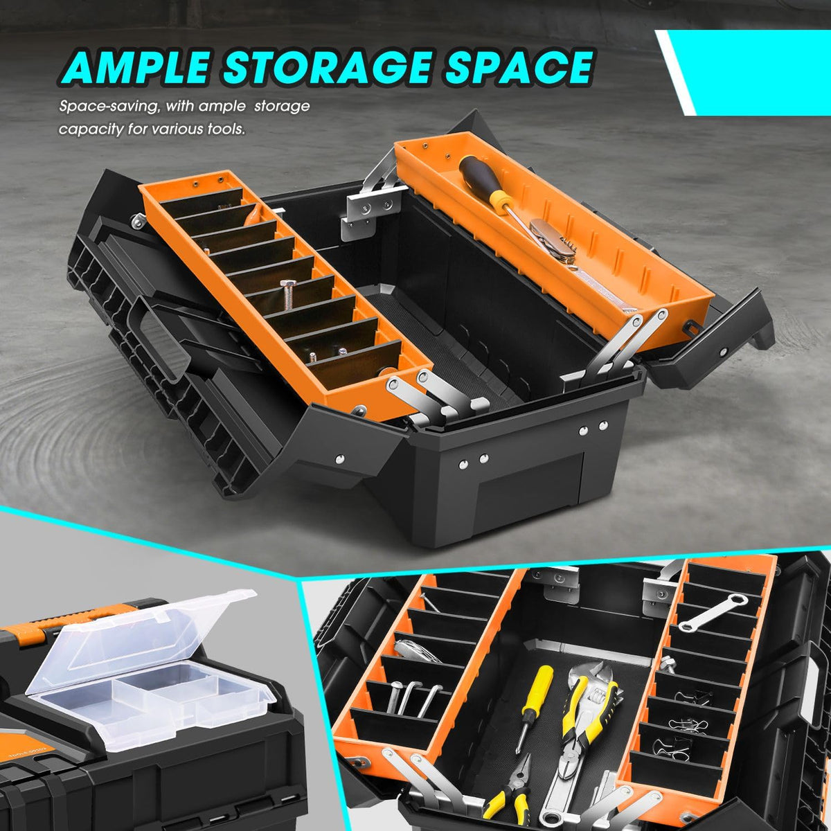 DNA Motoring Caja de Herramientas de plástico de 2 Capas con Cerradura Caja de Herramientas Plegable portátil Bandeja divisoria Organizadores de Herramientas, con asa, Naranja/Negro, TOOLS-00503