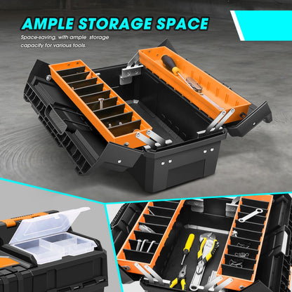 DNA Motoring Caja de Herramientas de plástico de 2 Capas con Cerradura Caja de Herramientas Plegable portátil Bandeja divisoria Organizadores de Herramientas, con asa, Naranja/Negro, TOOLS-00503