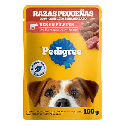 Pedigree - Sobres para Perro, Raza Pequeña, Sabor Res en Filetes, con Ingredientes Naturales, Proteínas y Fibra, 24 Sobres, 100g c/u