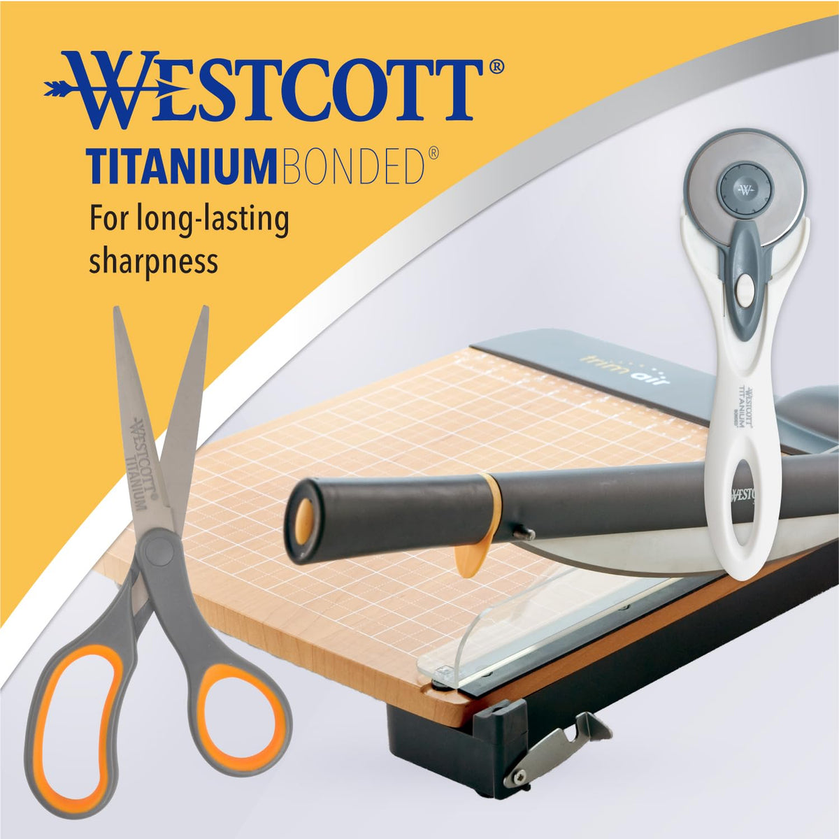 Westcott Tijeras de titanio adheridas, agarre suave, 8 pulgadas, rectas, gris/amarillo, paquete de 4