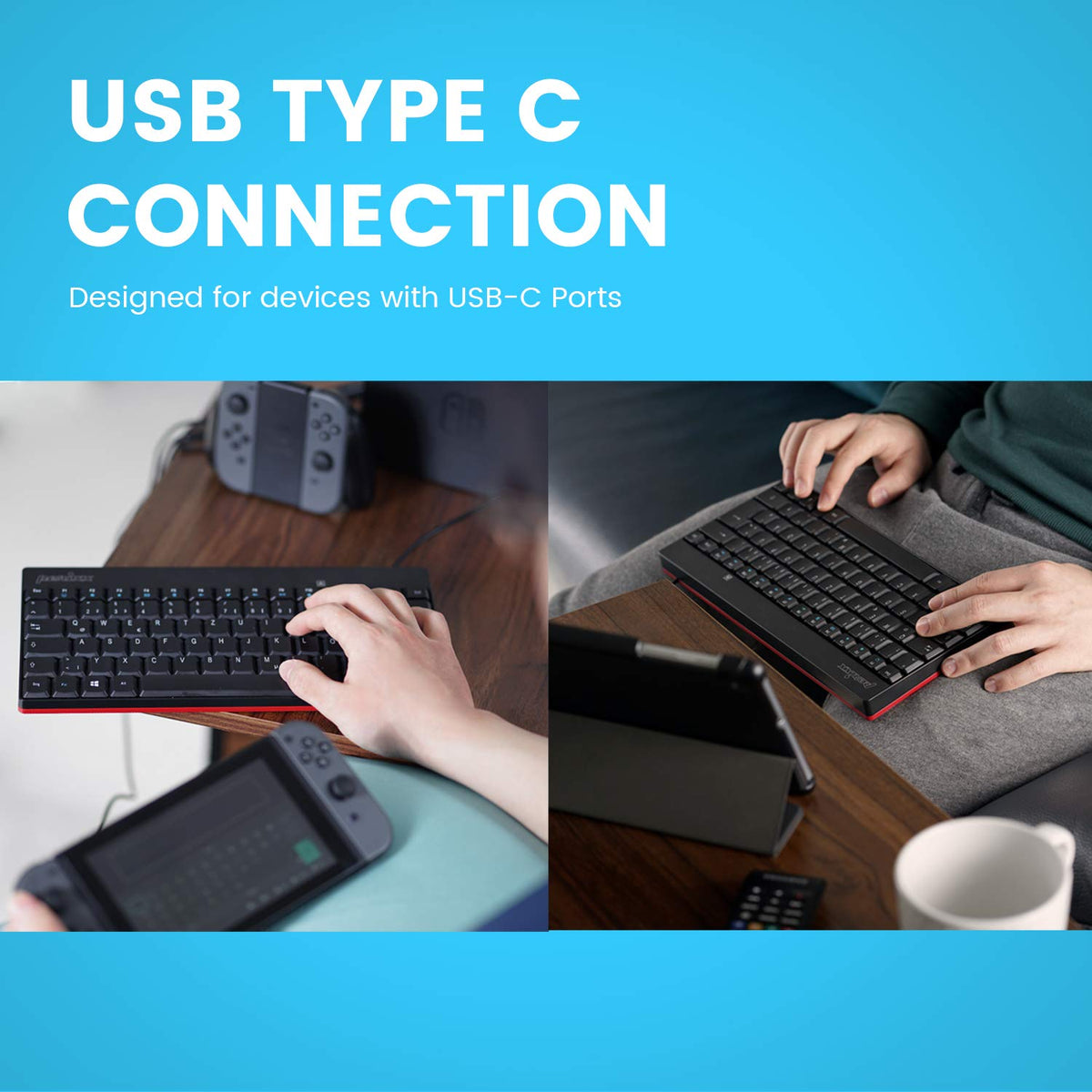 Perixx PERIBOARD-422 - Mini Teclado USB-C con Cable, Conector USB Tipo C, Color Negro, diseño en inglés Estadounidense