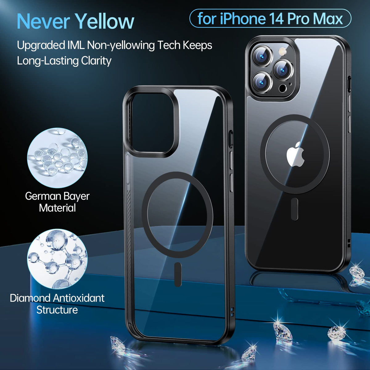 JUESHITUO Magnetic Slim Clear Case para iPhone 14 Pro MAX [no Amarillento] [Protección de Grado Militar] [No.1 imanes Fuertes] Compatible con iPhone 14 Pro MAX Protective Case 2022, Space Black