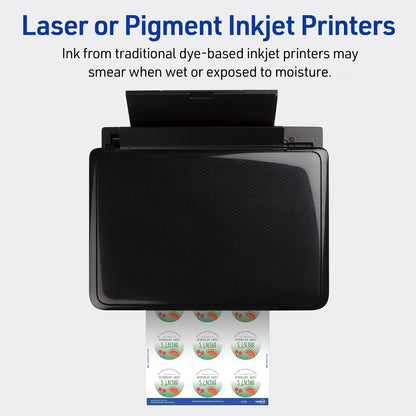 Avery Etiquetas impermeables duraderas con tecnología Sure Feed, 2 pulgadas de diámetro, blanco mate, inyección de tinta láser y pigmento, 96 etiquetas imprimibles, ideales para etiquetas de