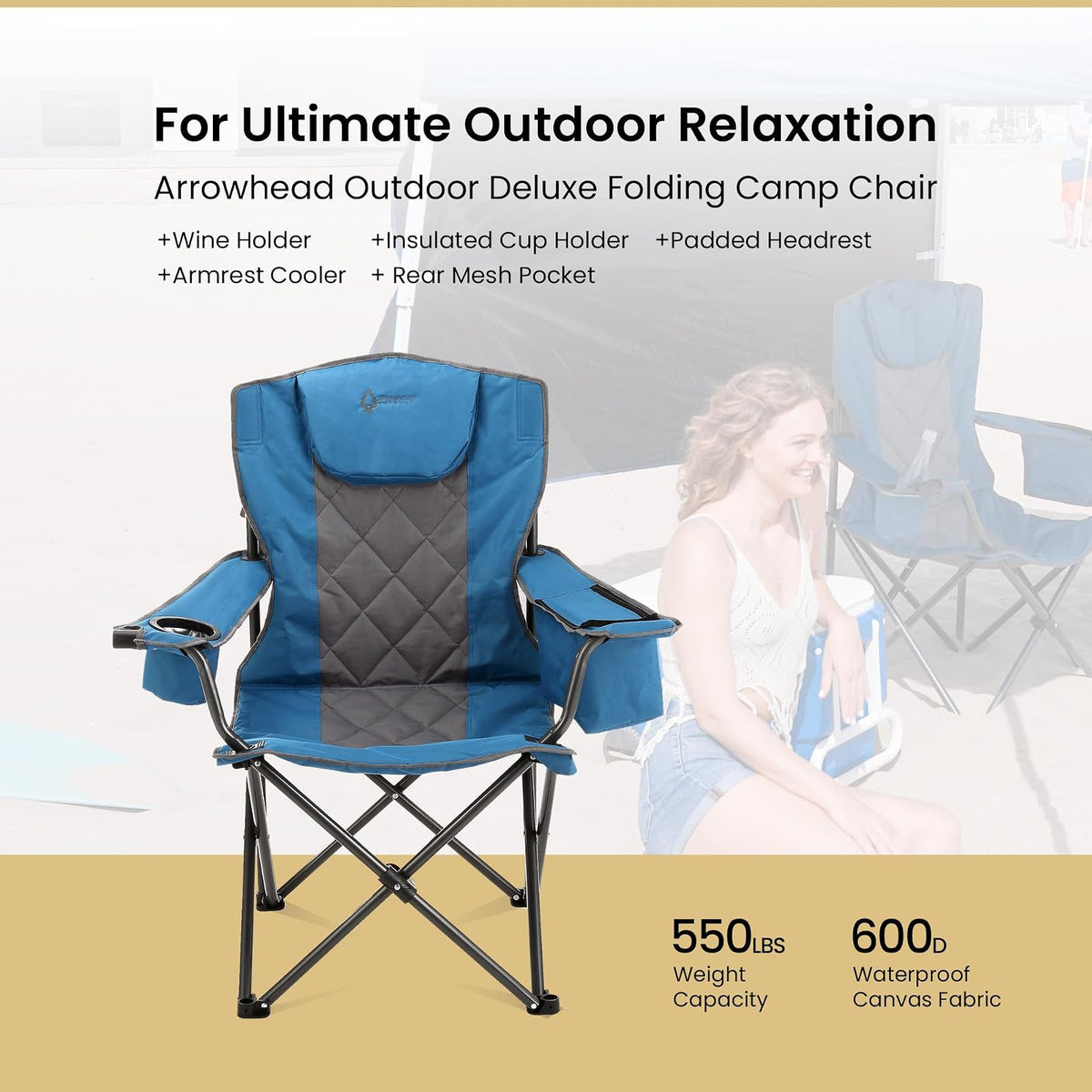 ARROWHEAD Outdoor - Silla plegable portátil para camping con enfriador de 6 latas, portavasos y copas de vino, bolsa de transporte resistente, reposabrazos acolchados, reposacabezas y asiento, soporta