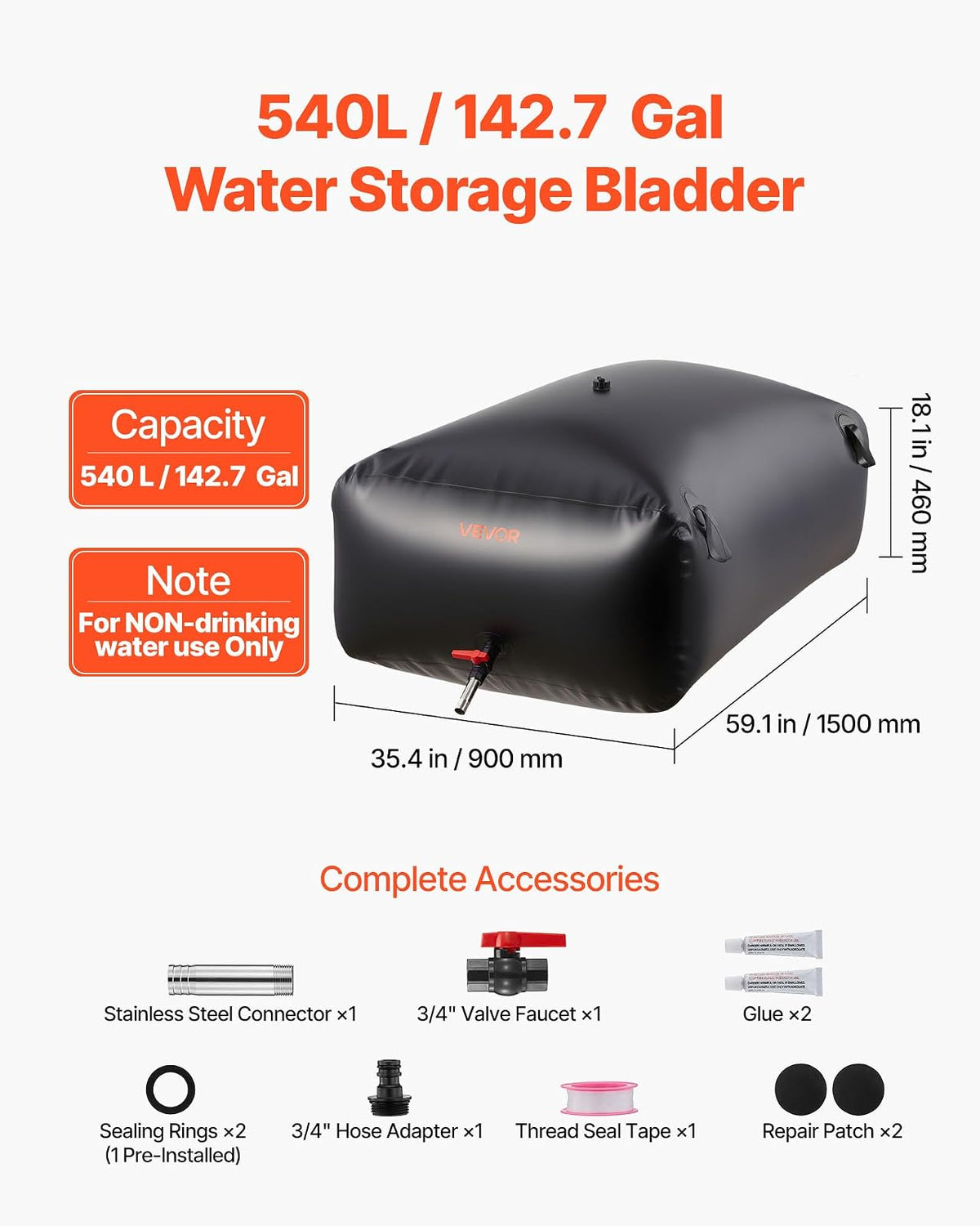 VEVOR ​Vejiga del Almacenamiento de Agua con Válvula 540 L, Bolsa de Agua de PVC Doble Capa 1000D, Portátil y Plegable, Resistente a Fugas, para Autocaravanas, Camiones, Uso en Exteriores, Negro