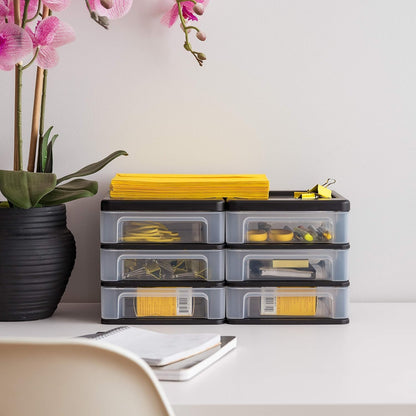 IRIS USA Paquete de 4 Organizadores Apilables de 3 Cajones, Negro | Organiza artículos de oficina, papelería, maquillaje, manualidades y esenciales diarios en el escritorio