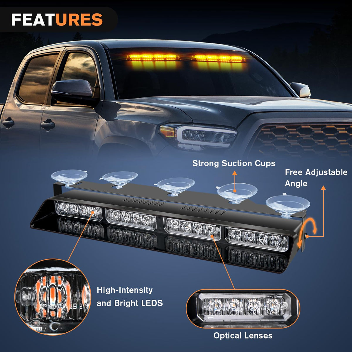 Nilight 32LED Amber Emergency Dash Strobe Lights with Controller Suction Cups Warning Hazard Interior Front/Rear Windshield Deck Split Light Bar for Trucks Construction Vehicles | Barra de luz dividida para cubierta de parabrisas delantero/trasero para ca