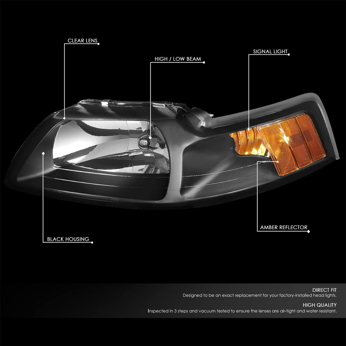DNA Motoring HL-OH-FM99-BK-AM Faros Delanteros Negros Ámbar para Ford Mustang 99-04
