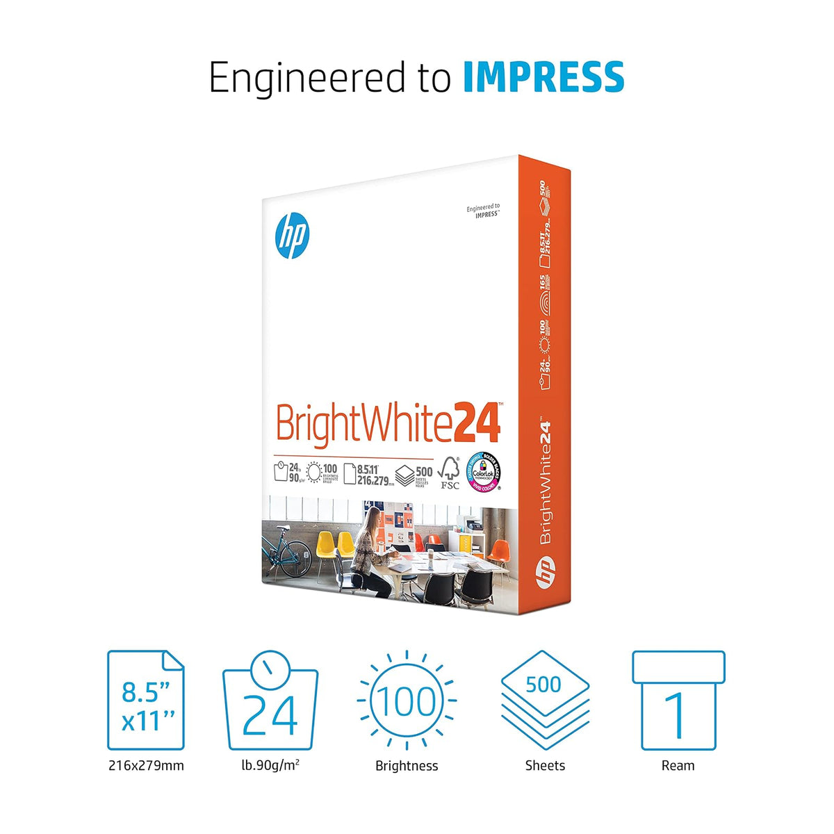 HP Papel para impresora, blanco brillante 24, blanco brillante 24, Blanco, Ream