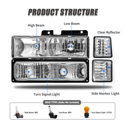 Adcarlights Faros de Repuesto para Chevy Silverado C10 C/K 1500 2500 3500 94-98, Suburban 94-99, Tahoe 95-99, Carcasa Cromada, AD-CCO0088885