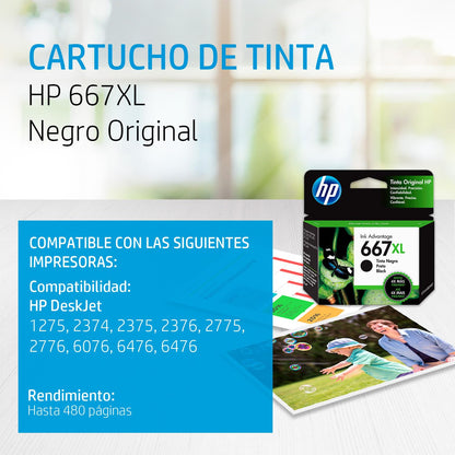 HP Cartucho de Tinta 667XL Negro Original, Compatibilidad con Impresoras DeskJet Ink Advantage 1275, 2374, 2375, 2376, 2775, 2776, 6076, 6476, 6476, Rendimiento hasta 480 páginas (3YM81AL)