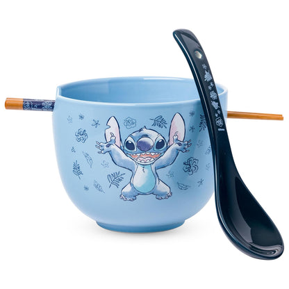 Silver Buffalo Tazón de Cerámica Floral Lilo y Stitch 20 oz | Con palillos y cuchara, apto para microondas y lavaplatos, decoración floral
