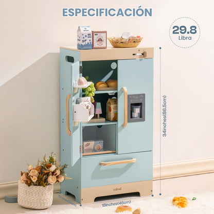 ROBUD Frigorífico de Madera - Realista e Interactivo con máquina de Hielo y Juguetes alimenticios - Adecuado para niños a Partir de 3 años