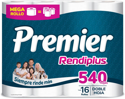 Premier Rendiplus Papel Higiénico 16 Rollos 540 Hojas Dobles