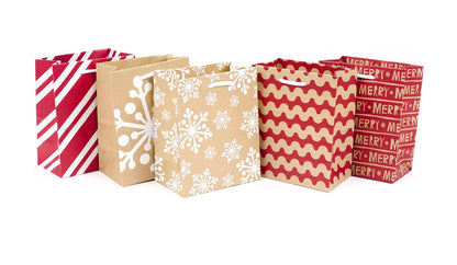 Hallmark Juego de bolsas de regalo pequeñas de 6 pulgadas (paquete de 5; rojo, blanco y kraft), copos de nieve, rayas, Merry (5XGB1798)