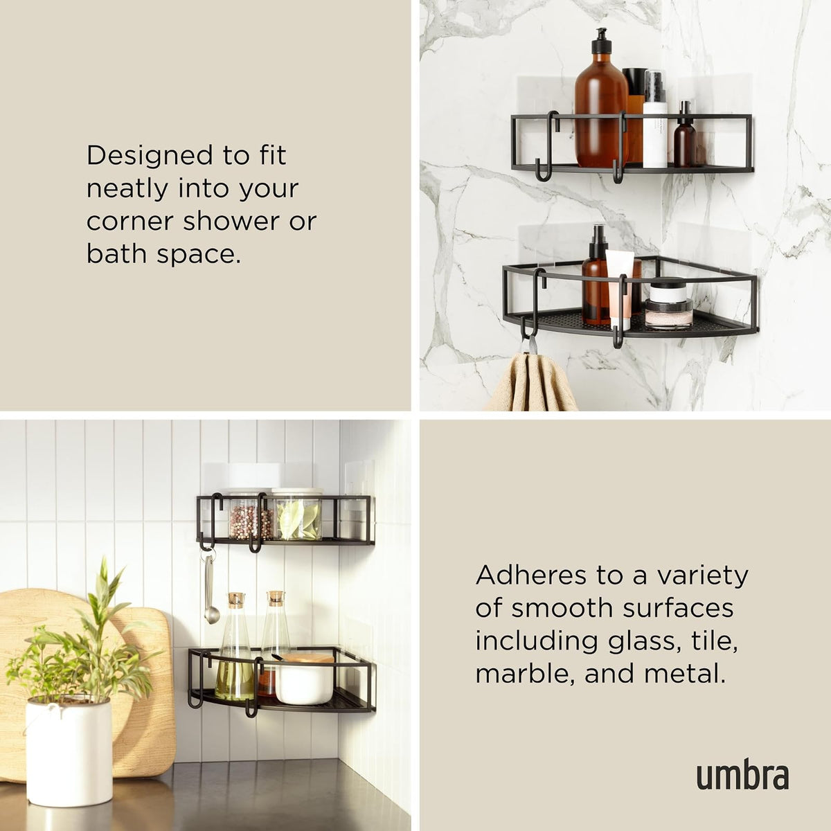 Umbra Cubiko estante de esquina para ducha, estantes flotantes de metal con tiras adhesivas de montaje, paquete de 2, Negro