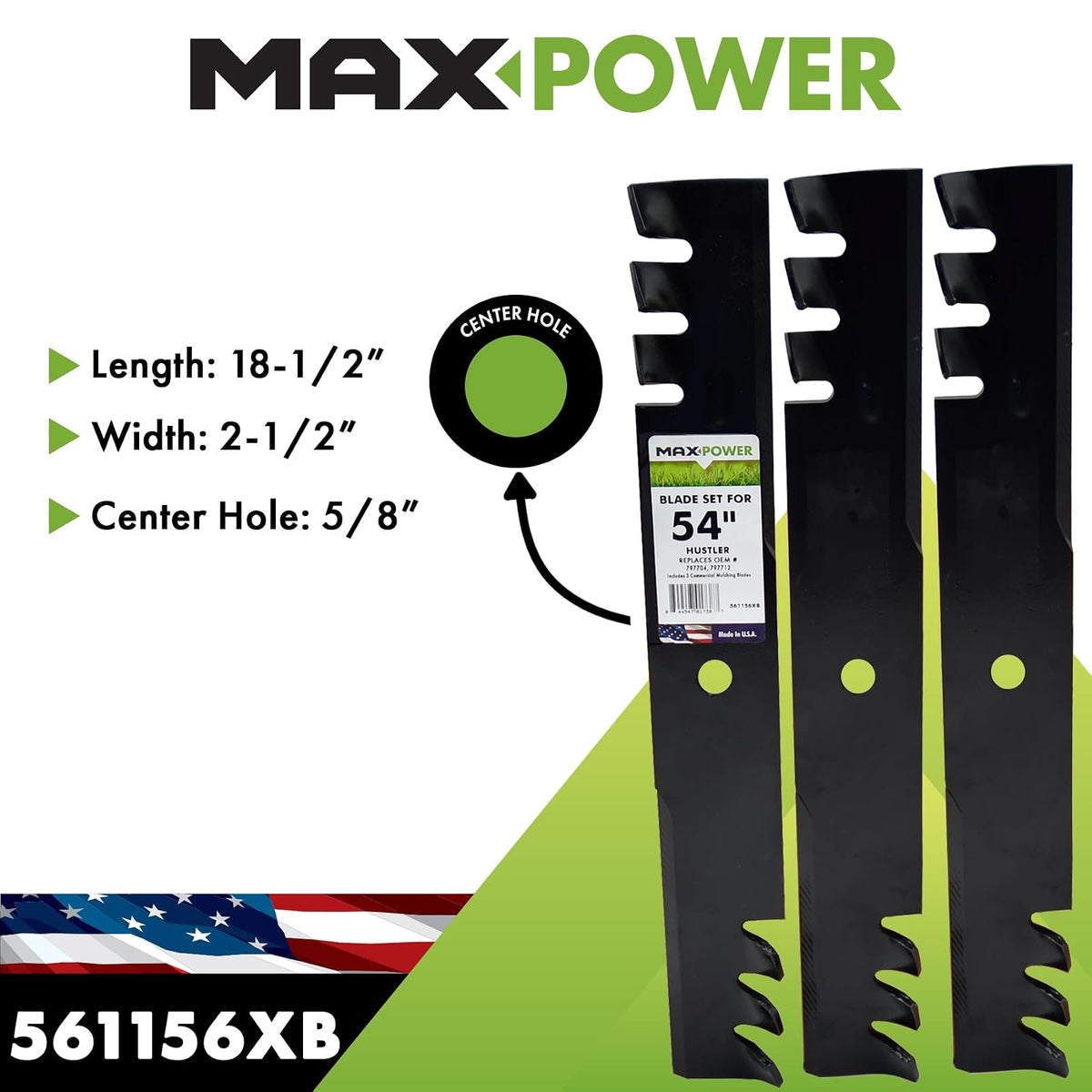 MaxPower 561156XB - Juego de 3 cuchillas para cortadoras Hustler de 54 pulgadas, reemplaza los números OEM 797704, 797712, 438-0001-00