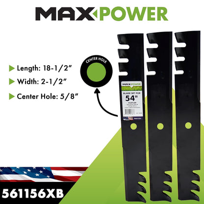 MaxPower 561156XB - Juego de 3 cuchillas para cortadoras Hustler de 54 pulgadas, reemplaza los números OEM 797704, 797712, 438-0001-00