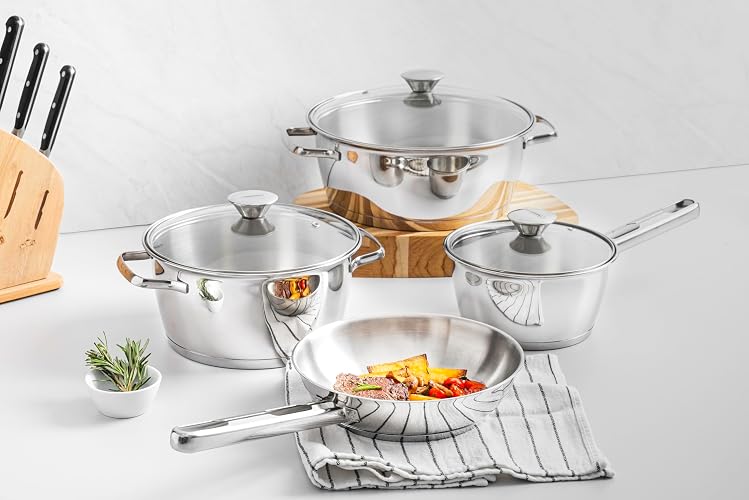 Tramontina Batería de Cocina Allegra Acero Inoxidable 7 Piezas | Set de 7 piezas, 4.2 litros, ollas con tapa, sartén, cazo con tapa