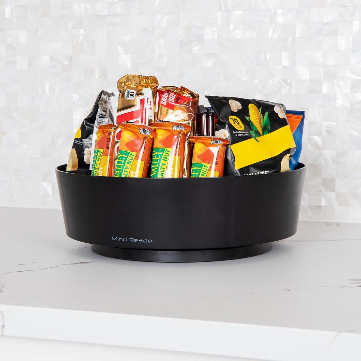Betesh Mind Reader Snack Carousel, Countertop Organizer, Snack Tray, Condiment Holder, Breakroom, Kitchen, 12" L x 12" W x 4" H, Black