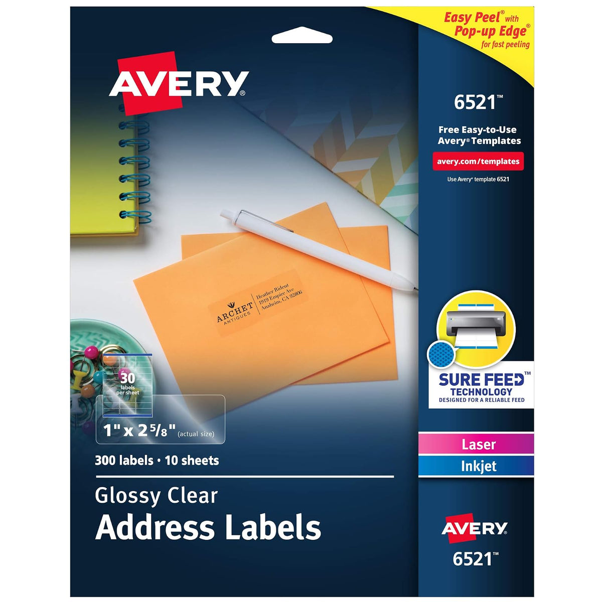 Avery - Etiquetas de dirección fáciles de despegar, , transparentes, Transparente, 1" x 2-5/8"