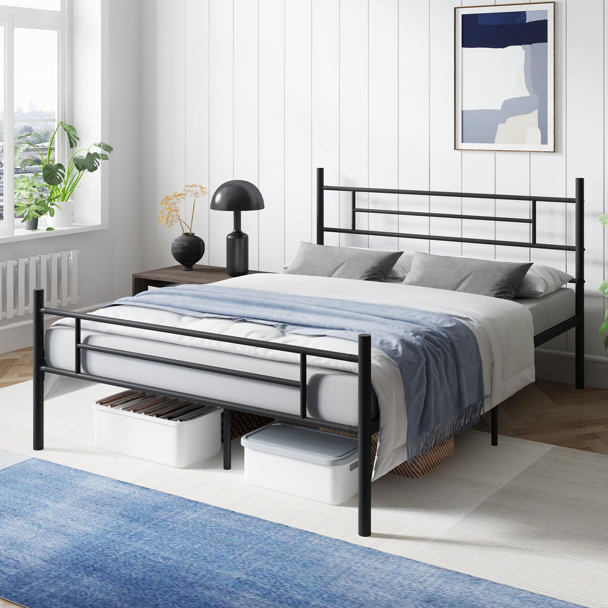Avenco - Marco de Cama de Plataforma de Metal tamaño Queen con cabecera clásica y Estribo de 14 Pulgadas, Almacenamiento Debajo de la Cama, Soporte de Listones de Metal Fuerte, Base de colchón, no
