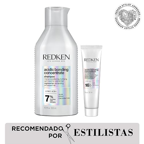 REDKEN- Shampoo Acidic Bonding Concentrate de Redken 300ml + Mascarilla travel size| Shampoo y mascarilla de reparación máxima | Repara 1 año de daño en 5 minutos y proporciona hidratación profunda