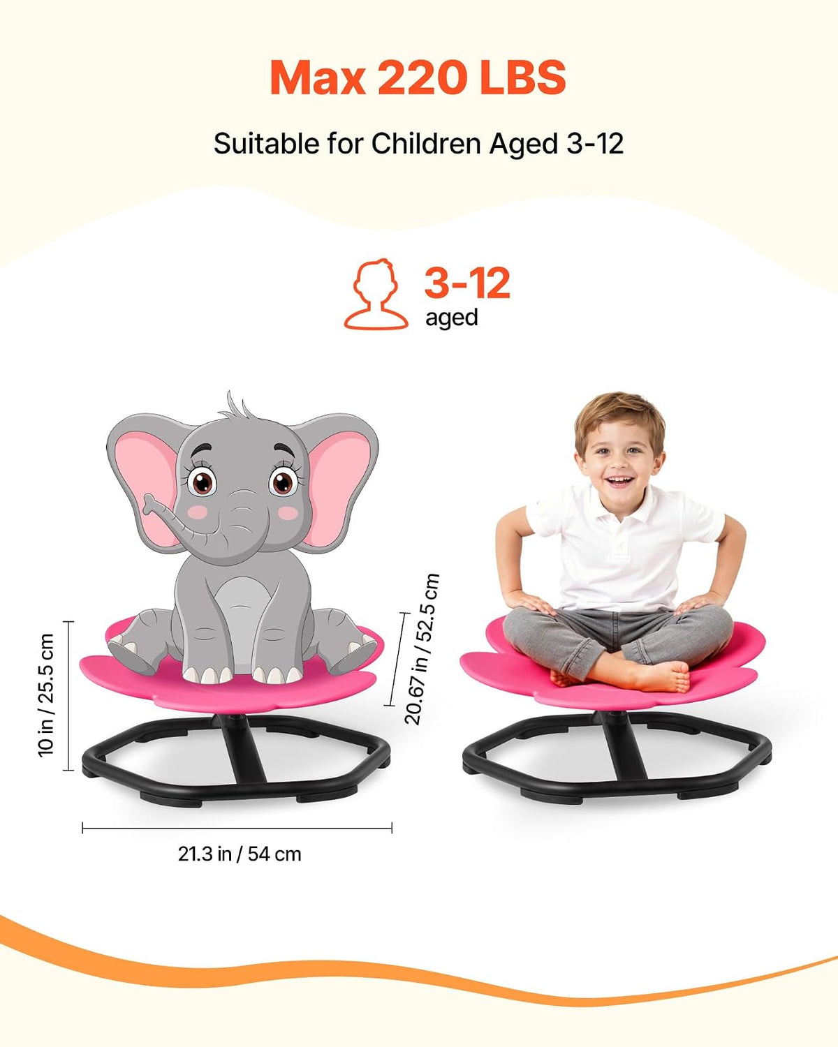 VEVOR Silla Giratoria Infantil Sensorial, con Forma de Flor, hasta 100 kg, con Base Metálica Antideslizante, Favorece la Coordinación, el Equilibrio y la Concentración, Rosa, 62 x 62 x 25,5 cm