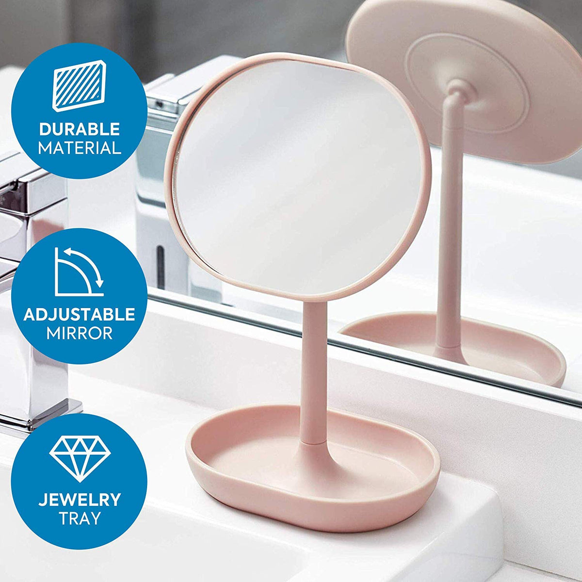 iDesign Cade Plastic Round Vanity, Standing Makeup Mirror and Accessory Tray for Countertop, Bathroom, Bedroom, Desk, Dorm, Blush