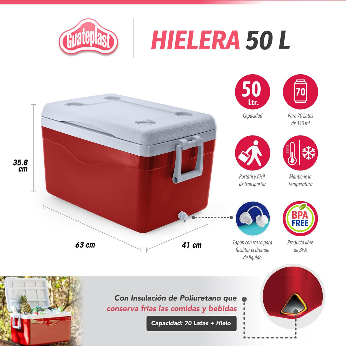 Guateplast - Juego de 3 Hieleras | 53 QT (50 litros) | 17 QT (16 litros) | 5 QT (5 litros) | Cooler | Enfriador Resistente y Liviano | Hielo | Set de Hieleras | Varias Capacidades | Color Rojo