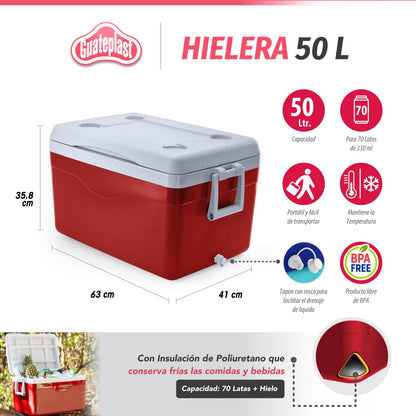 Guateplast - Juego de 3 Hieleras | 53 QT (50 litros) | 17 QT (16 litros) | 5 QT (5 litros) | Cooler | Enfriador Resistente y Liviano | Hielo | Set de Hieleras | Varias Capacidades | Color Rojo