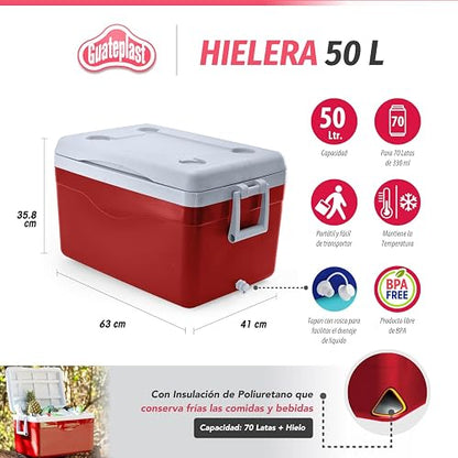 Guateplast - Hielera Portátil de 50 litros (53 QT) | Capacidad para 70 Latas | Enfriador Resistente y Liviano | Cooler - Hielo | Hielera Grande |