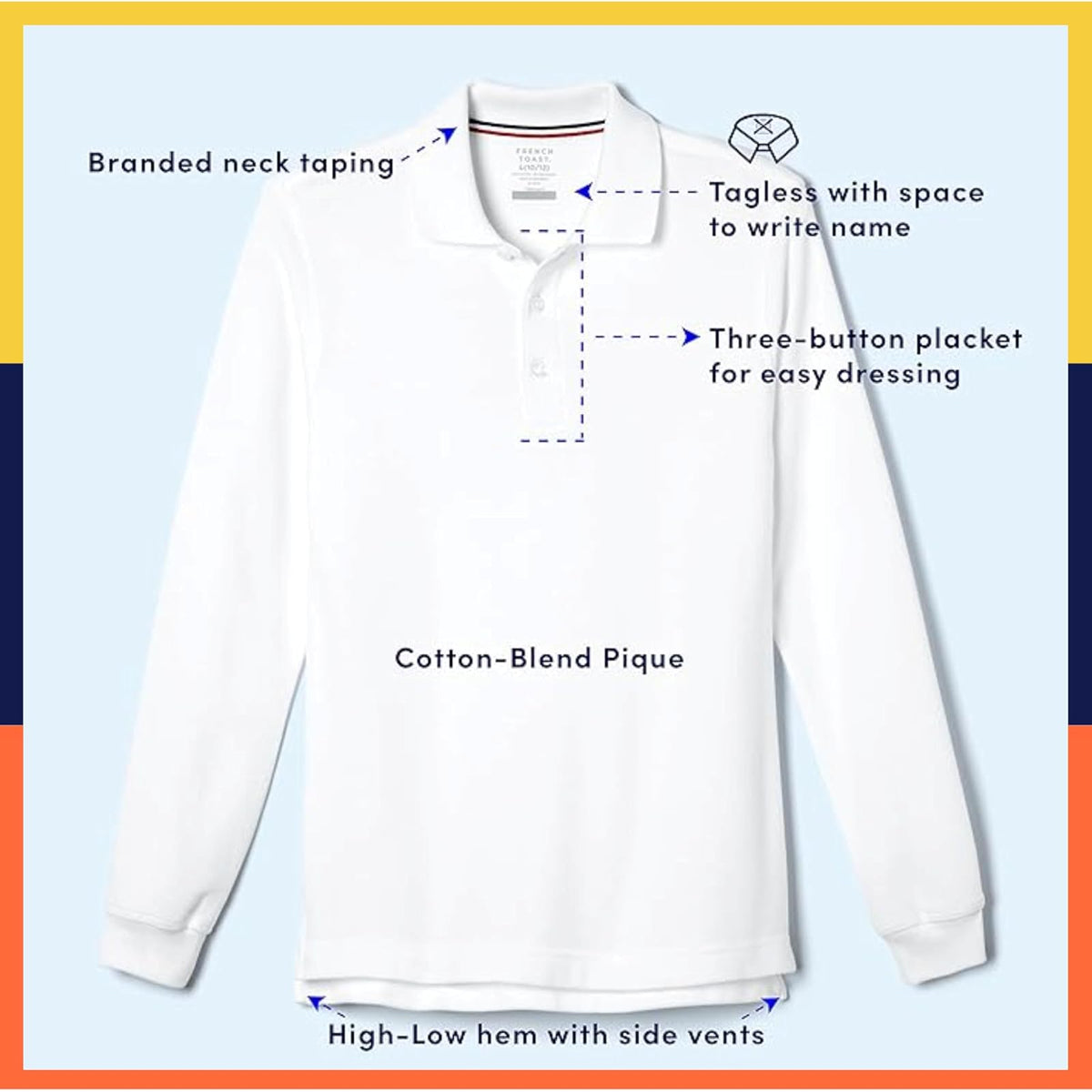 French Toast Long Sleeve Pique Polo Shirt (Standard & Husky) Camisa de Polo para Niños